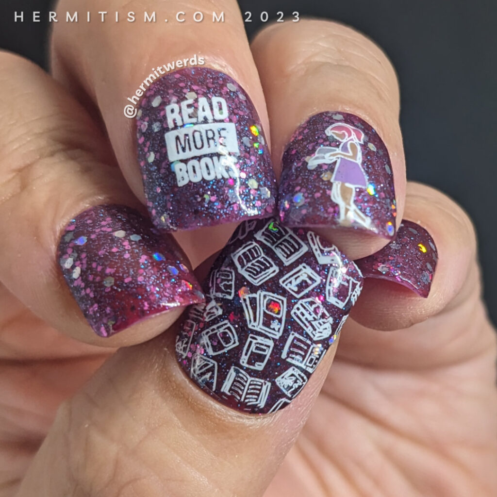 Back to school nail art of a girl reading a book on a glittery purple jelly sandwich background and more book stamping images.