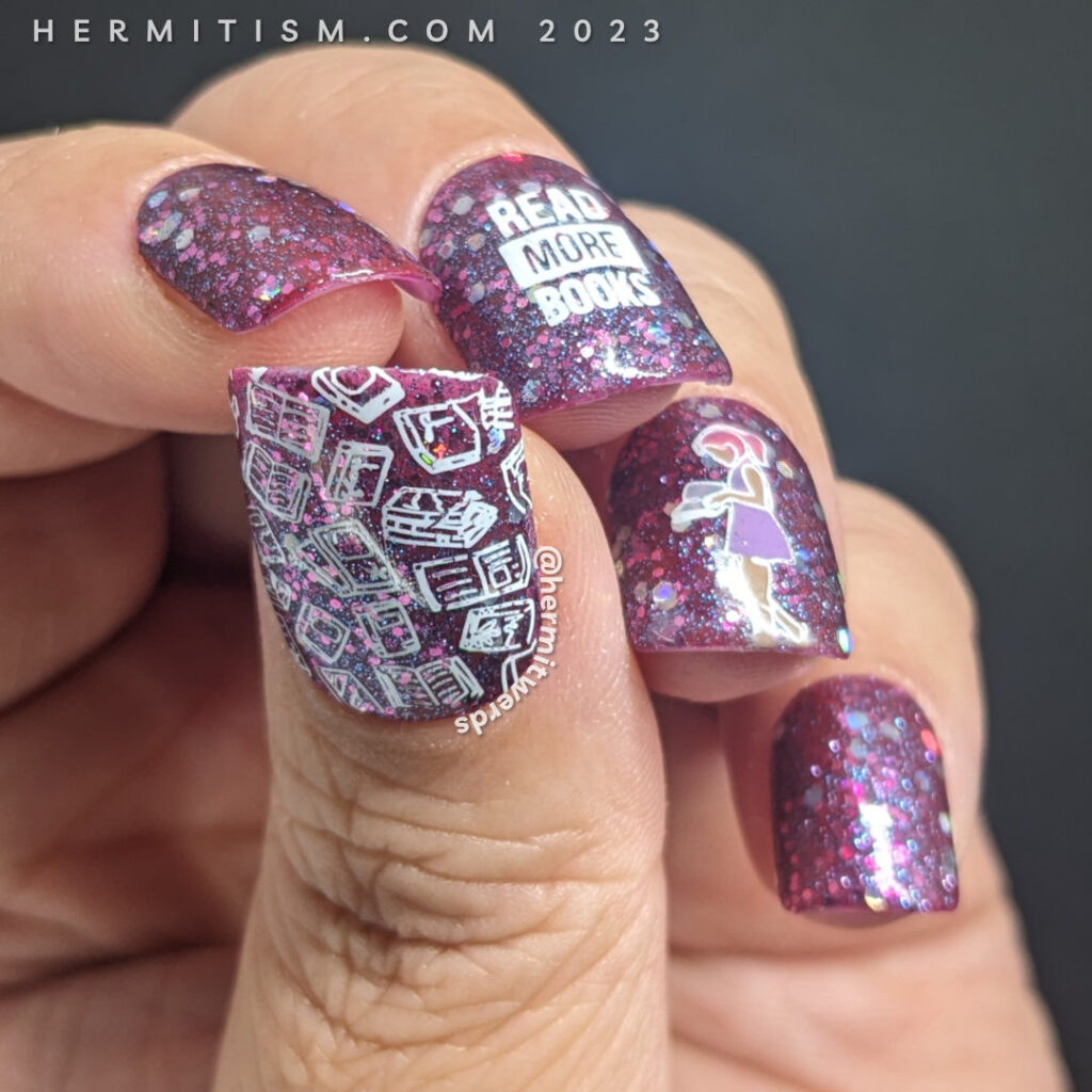 Back to school nail art of a girl reading a book on a glittery purple jelly sandwich background and more book stamping images.