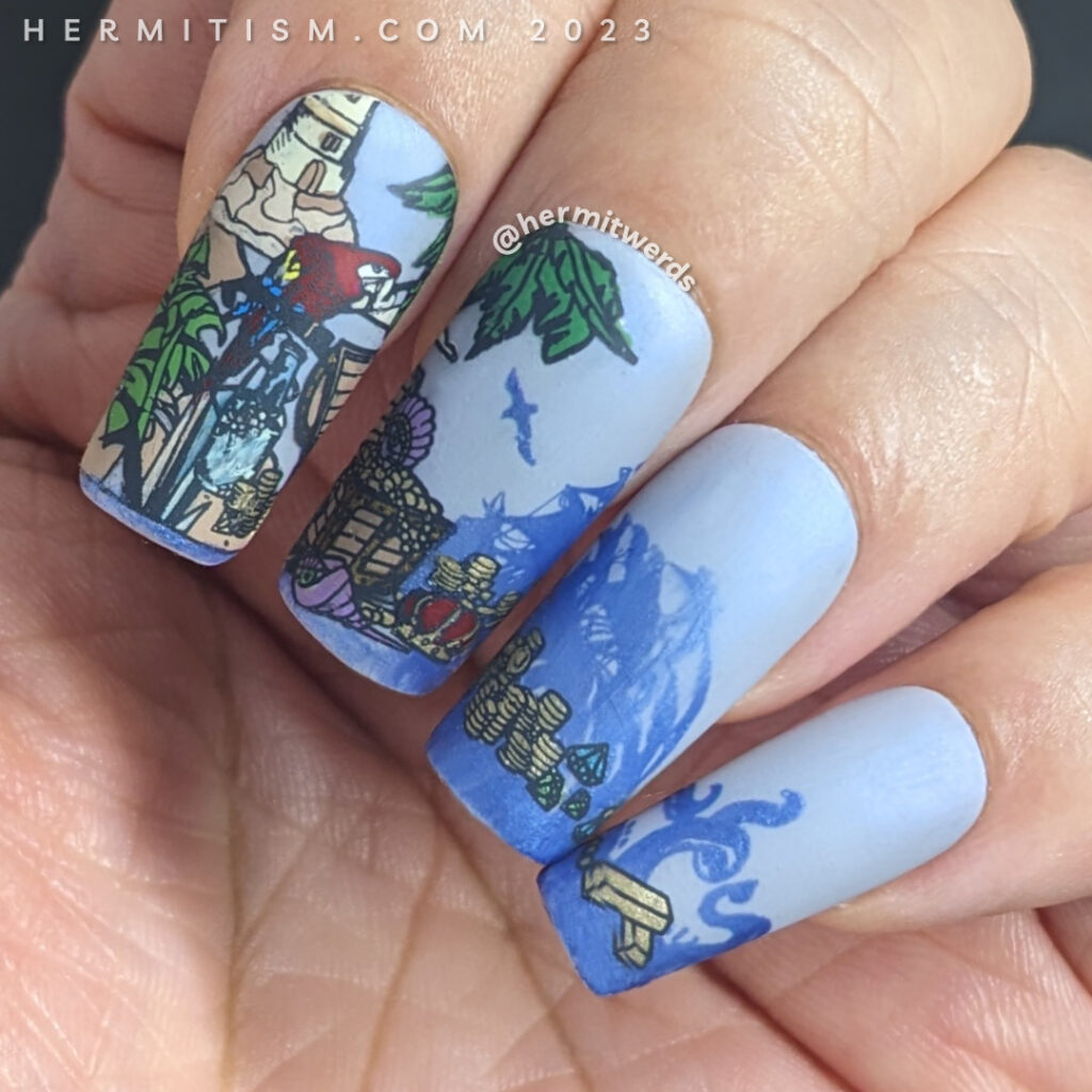 Pirate nail art with tons of pirate details (parrots, treasure chest, gold island, maps, pirate hat, pirate ship, lighthouse, kraken, etc).