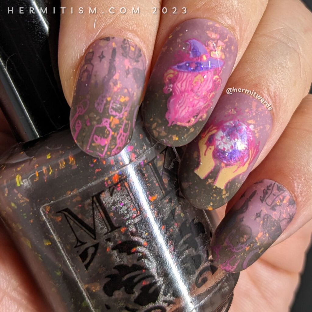 A practicing witch/wizard nail art with decals of potions, wands, crystal balls, etc. on a thermal brown to lilac flakie filled polish.