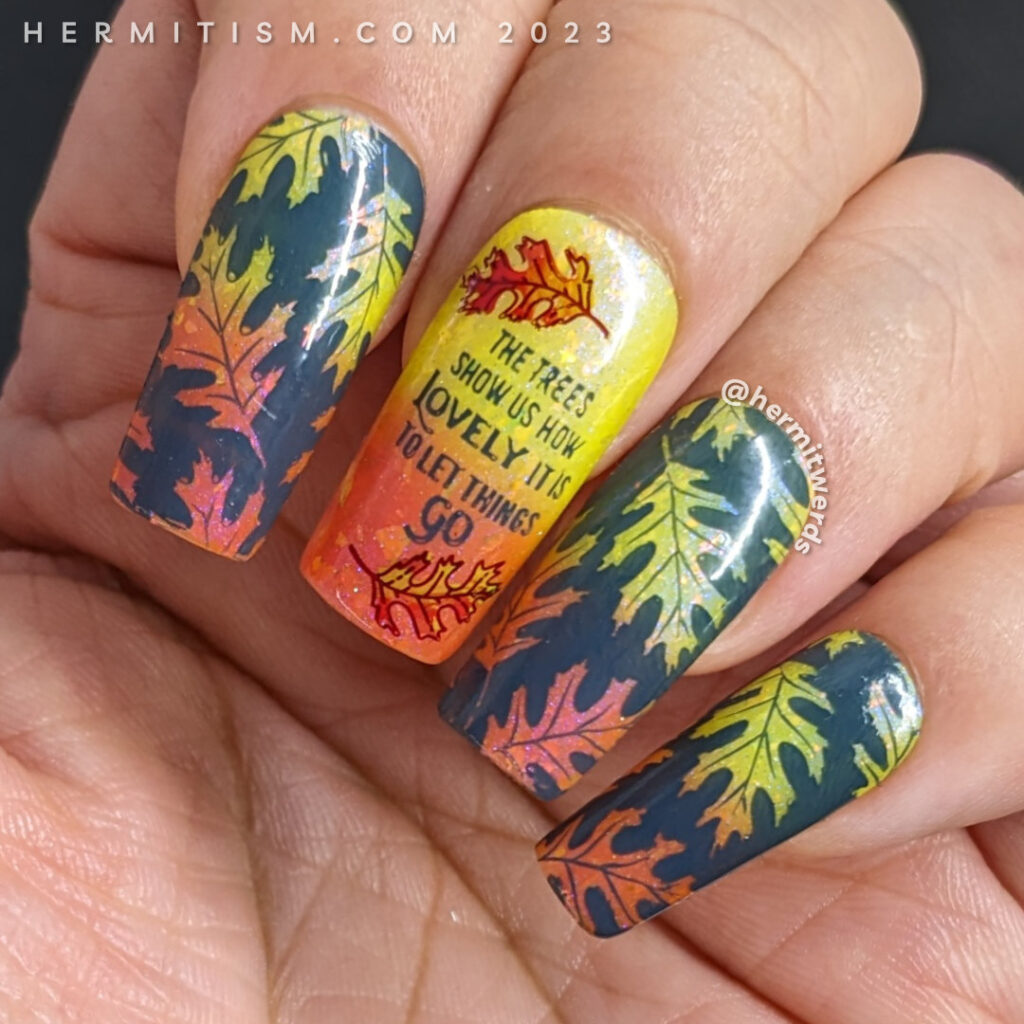Fall nail art of negative space oak leaves in a dusty blue over a flakie yellow (warm) to pink to orange (cold) thermal polish and oak trees.