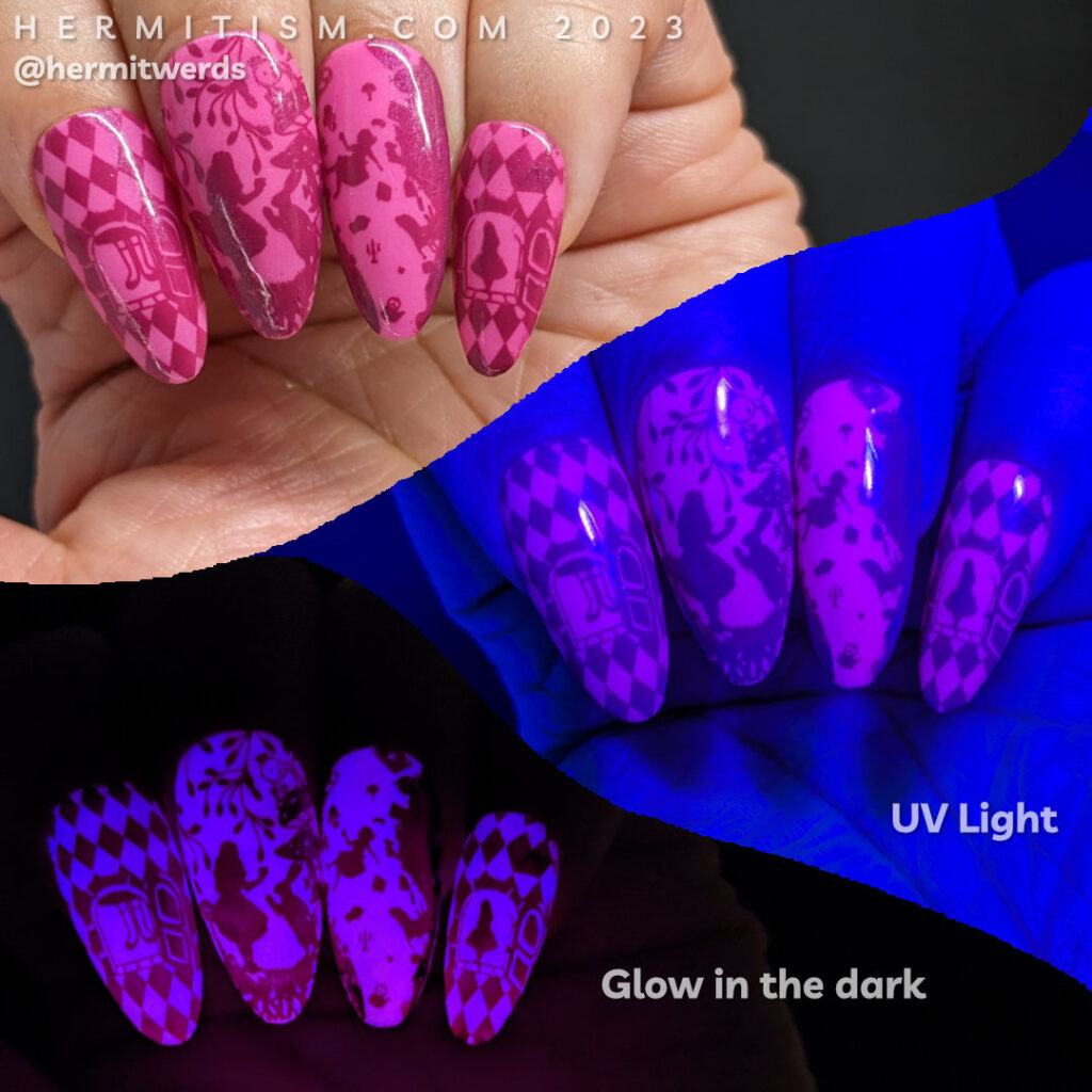 A glow in the dark pink Alice in Wonderland nail art of Alice falling down the rabbit hole, chasing the White Rabbit, and changing size.