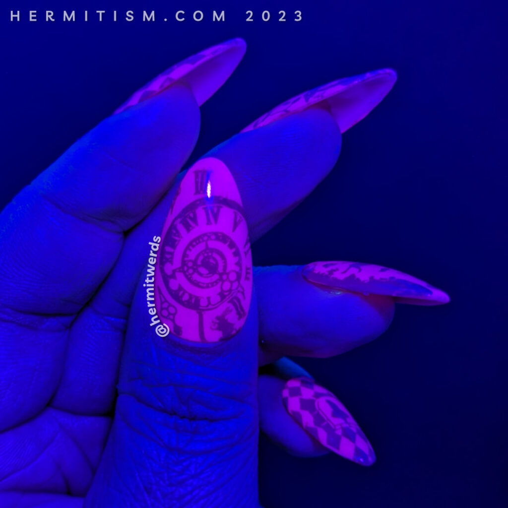 A glow in the dark pink Alice in Wonderland nail art of Alice falling down the rabbit hole, chasing the White Rabbit, and changing size.