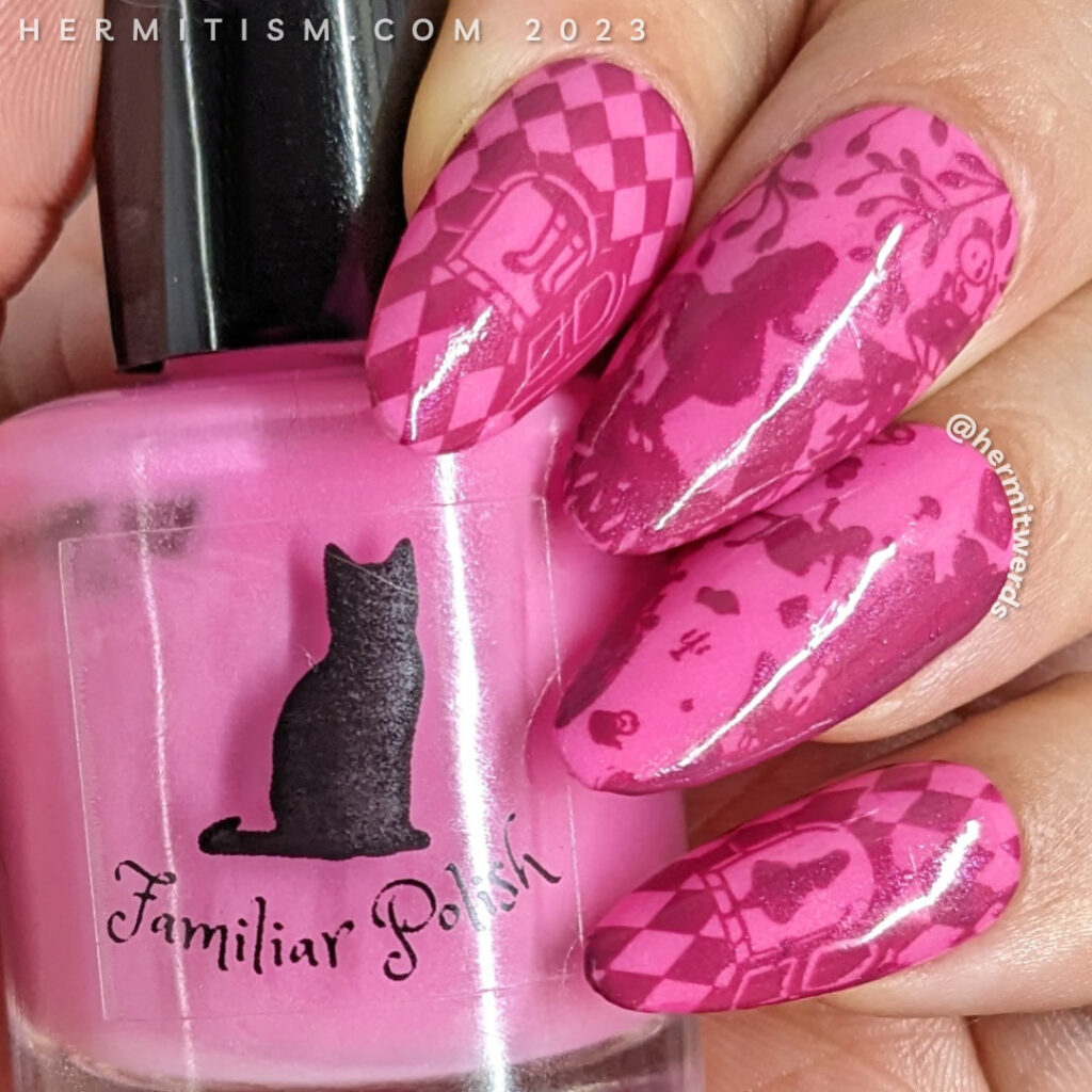 A glow in the dark pink Alice in Wonderland nail art of Alice falling down the rabbit hole, chasing the White Rabbit, and changing size.