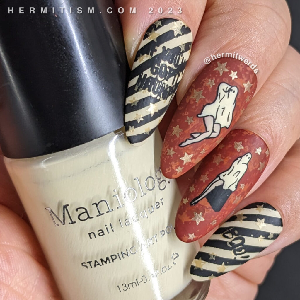 Sexy ghost nail art w/leggy ghost models posing against a burnt orange background, gold stars, black/cream stripes & cute quotes. Recreation.