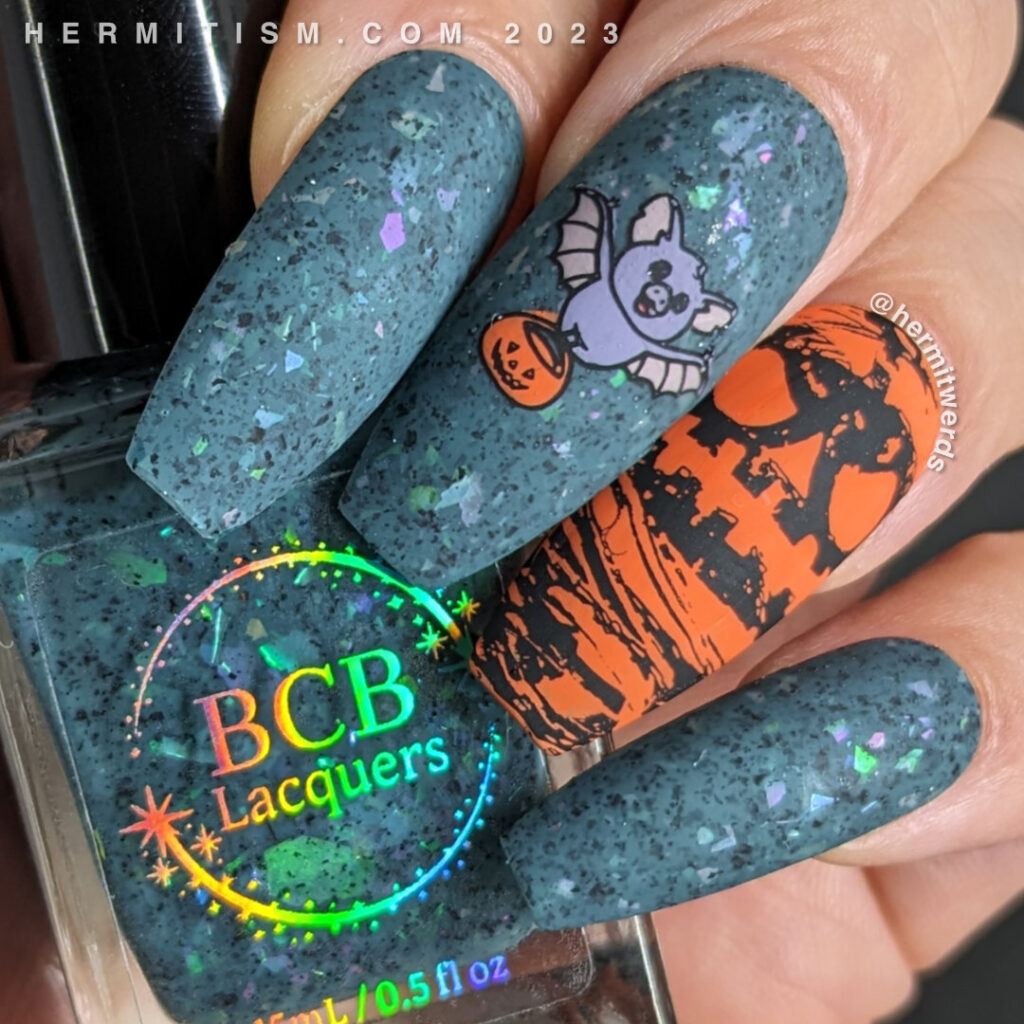 A jack-o-lantern and bats nail art with tiny bats delivering jack-o-lanterns on a dusty teal flakie-filled background for Halloween.