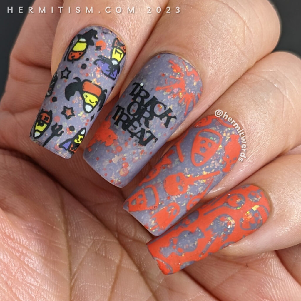 A trick or treat nail art with cute candy corns dressed up as bats, devils, witches, mummies and more with Halloween candy on the side.
