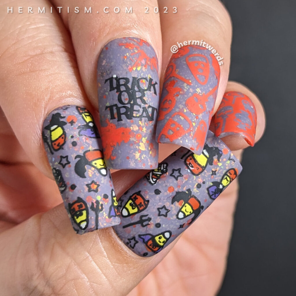 A trick or treat nail art with cute candy corns dressed up as bats, devils, witches, mummies and more with Halloween candy on the side.