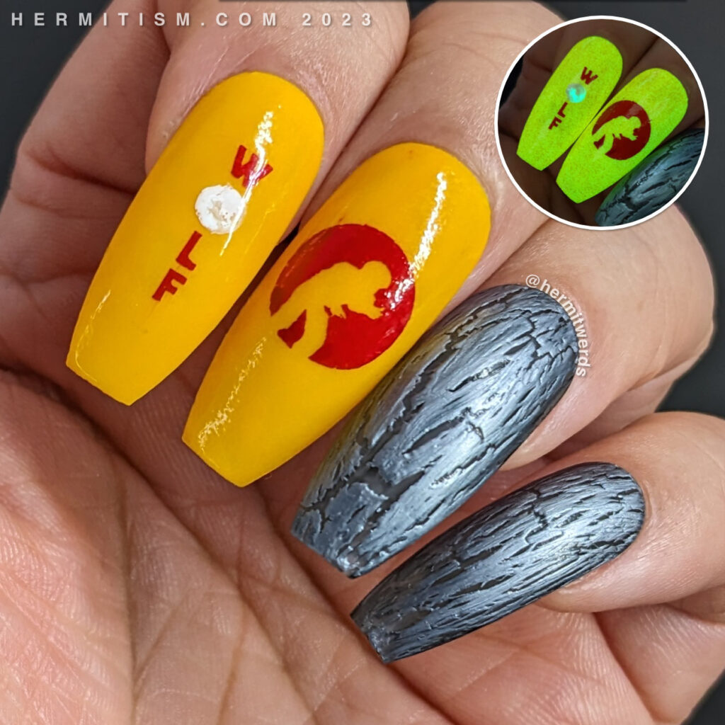 Universal Studio's Wolf Man nail art w/glow in the dark yellow nails, "wolf", full moon, & silhouetted Wolf Man plus crackle polish accents.