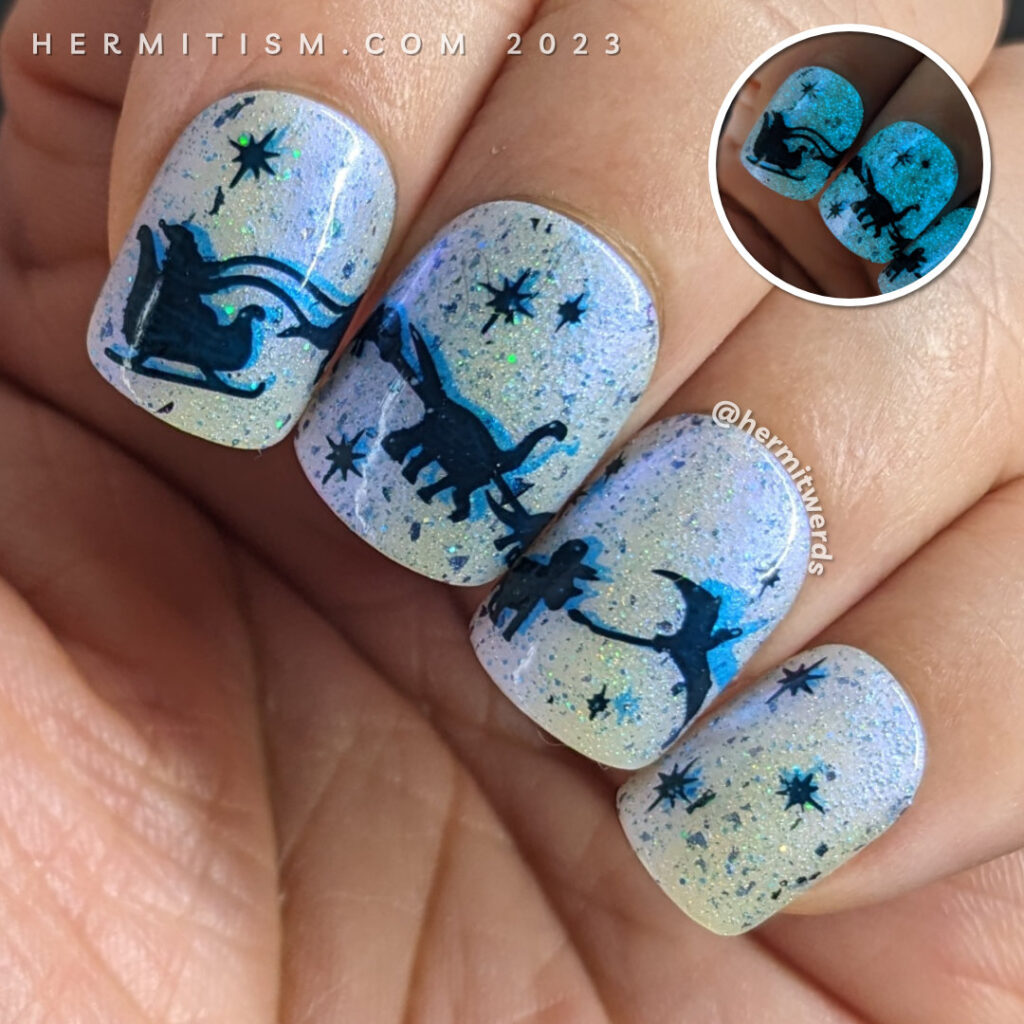 Christmas nail art of Santa's sleigh with dinosaurs (t-rex, brontosaurus, triceratops, and pterodactyl) flying across a glow in the dark sky.