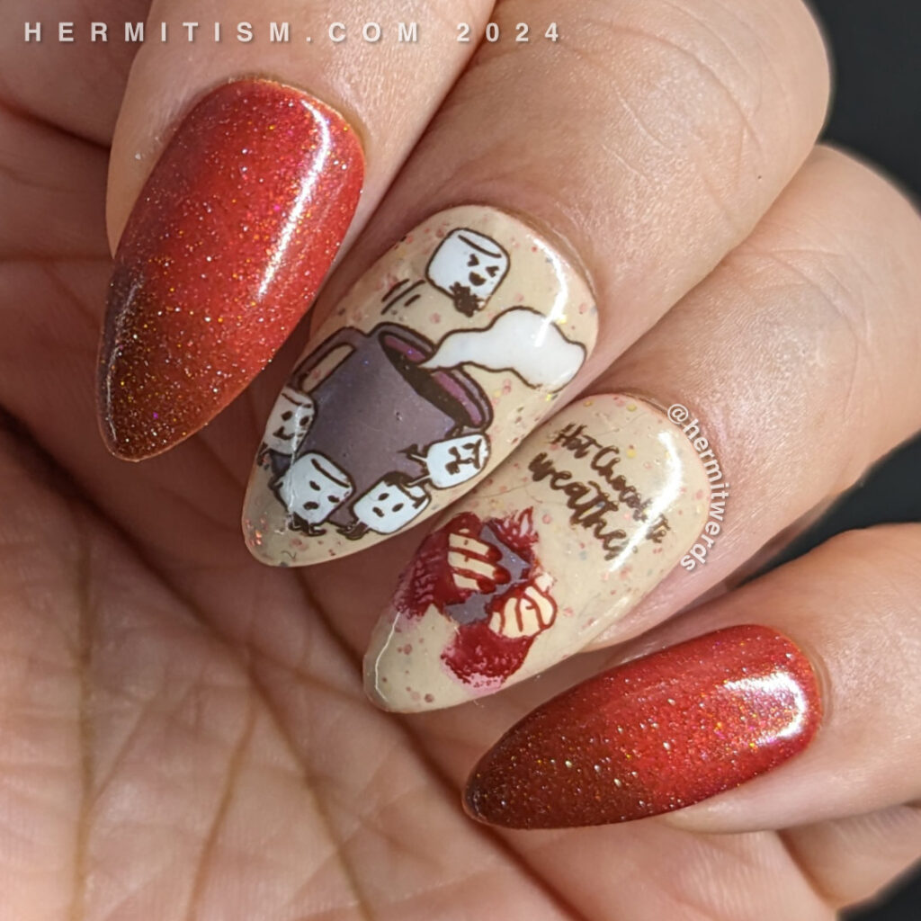 A hot chocolate nail art with reverse stamping decals of marshmallows leaping into a hot chocolate mug and people holding warm mugs of cocoa.