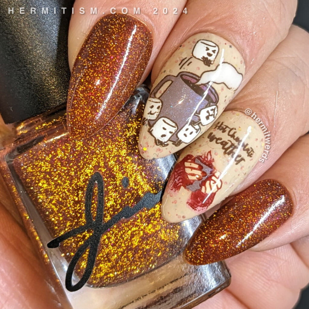 A hot chocolate nail art with reverse stamping decals of marshmallows leaping into a hot chocolate mug and people holding warm mugs of cocoa.