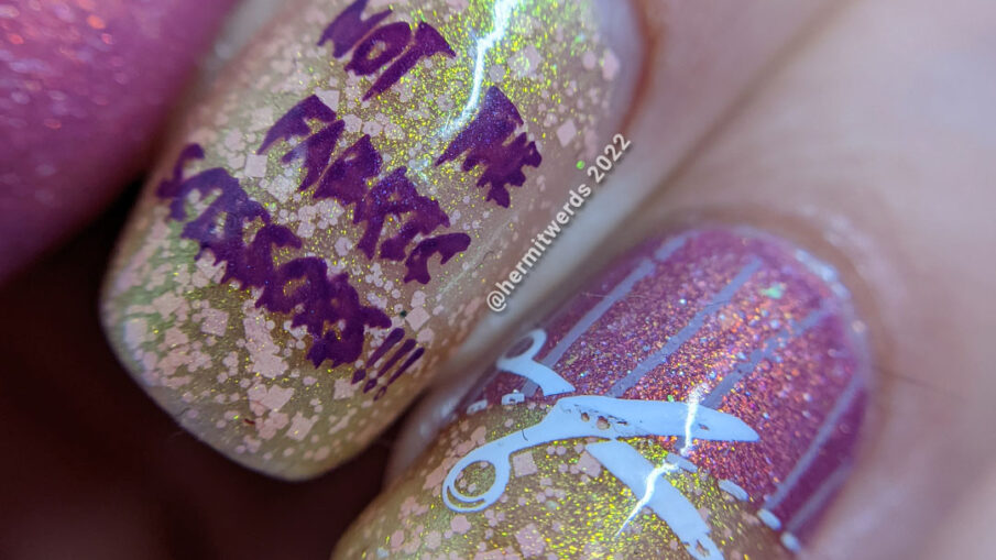 A shimmery orchid and ogup sewing nail art with nail stamping about the forbidden fabric scissors and cutting patterns from fabric.