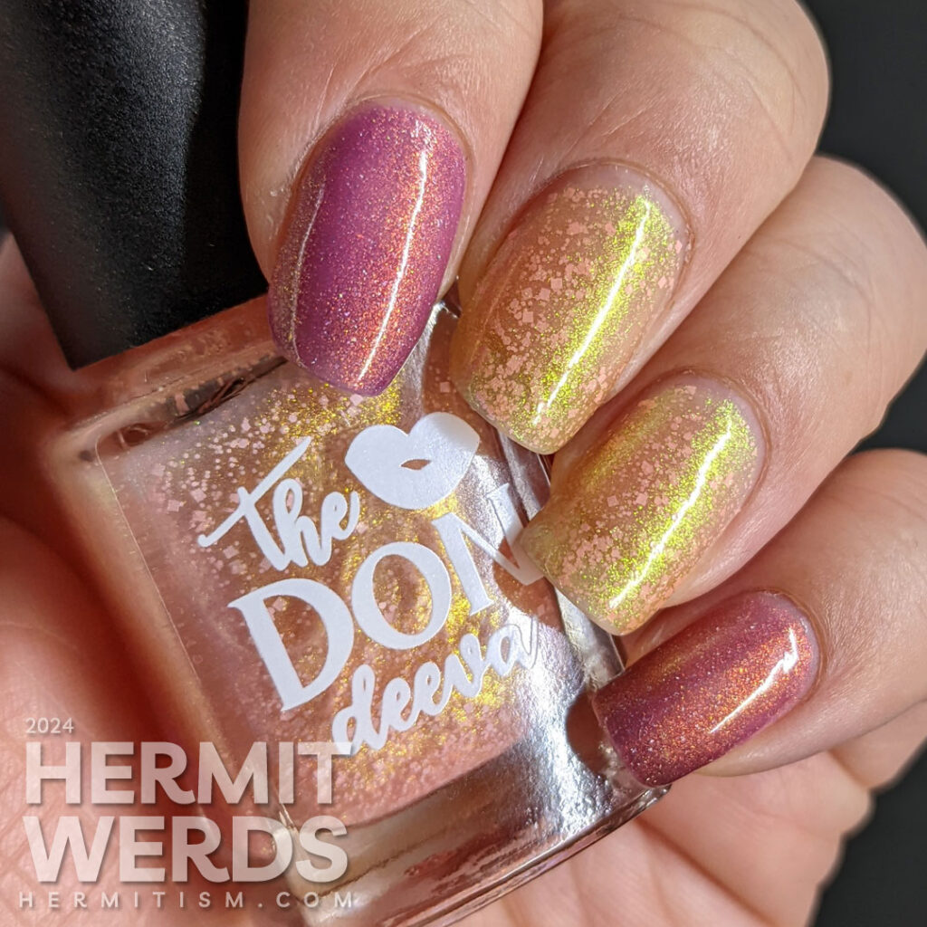 Nail swatch of The Don Deeva's "P.P. Burns" and "Hunny Bunny" for Hermit Werd's "Not the Fabric Scissors" sewing nail art.