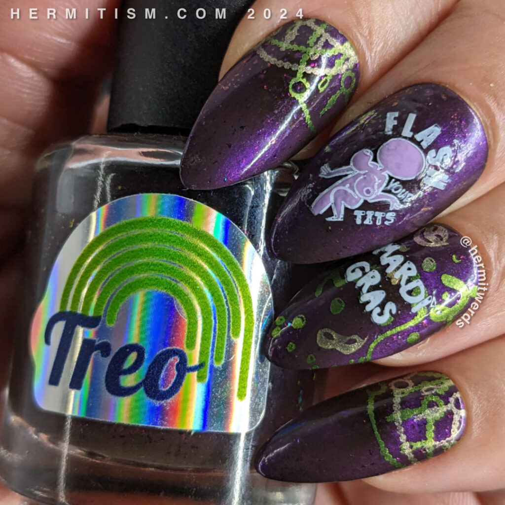 NSFW Mardi Gras nail art in purple, green, and gold featuring images referencing the flashing for Mardi Gras beads tradition.
