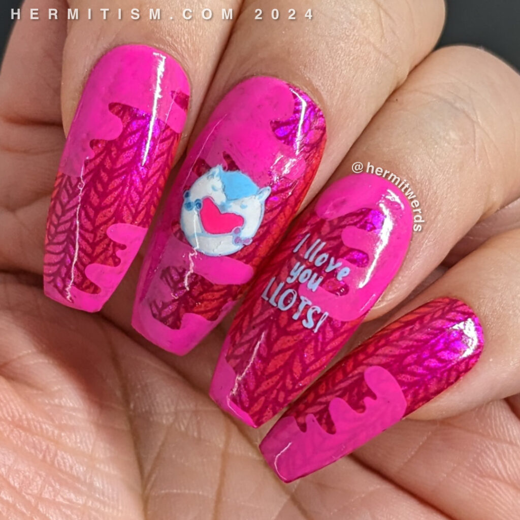 Hot pink llama nail art with a crazy sweater print background and stamping decals of llamas kissing and llama puns for Valentine's Day.