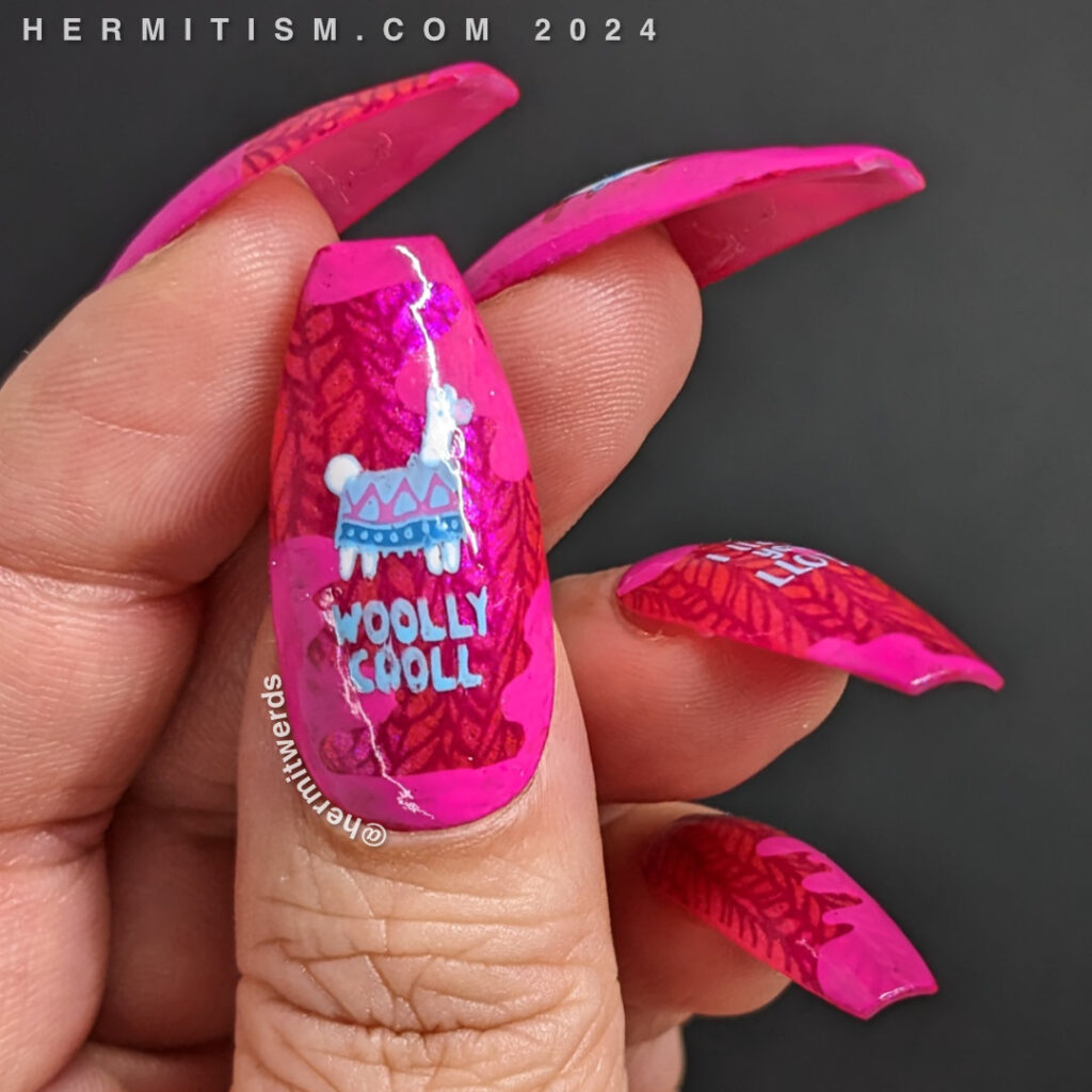 Hot pink llama nail art with a crazy sweater print background and stamping decals of llamas kissing and llama puns for Valentine's Day.