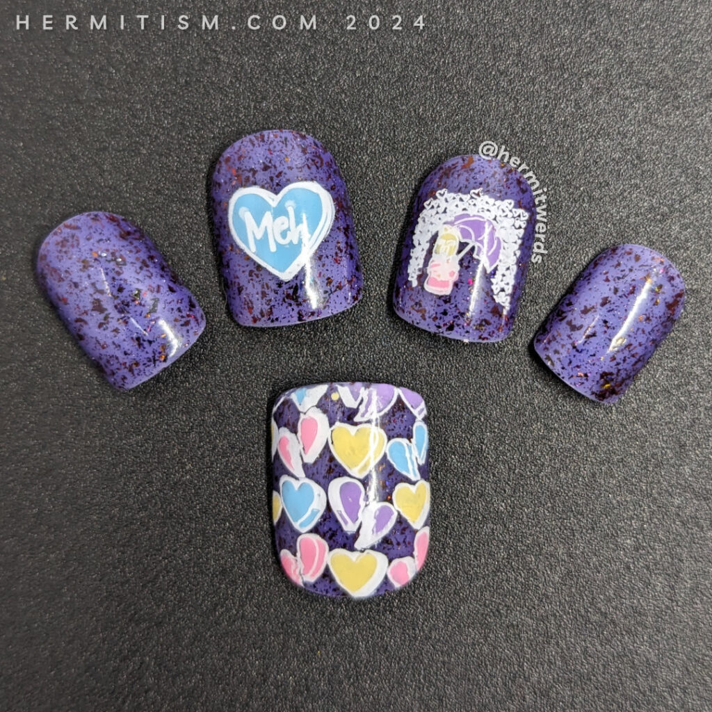 Anti-Valentine nail art w/candy hearts ("meh" heart) and a llama using an umbrella to deflect hearts on a purple base w/red to black flakies.