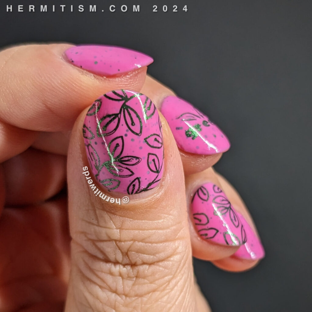 A leafy nail art design using an orchid colored crelly with green glitter and stamping images of leaves with a green metallic polish.