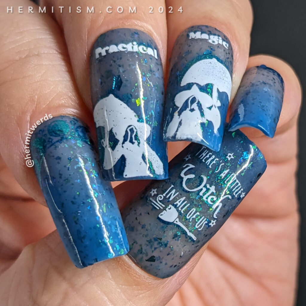 Practical Magic nail art featuring two of the characters dressed as witches while holding umbrellas, a moon cycle half moon, and movie quote.