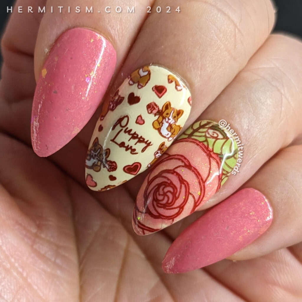 A pastel vintage dog and rose nail art with giant pink rose stamping images and cute corgis in puppy love (some holding roses).