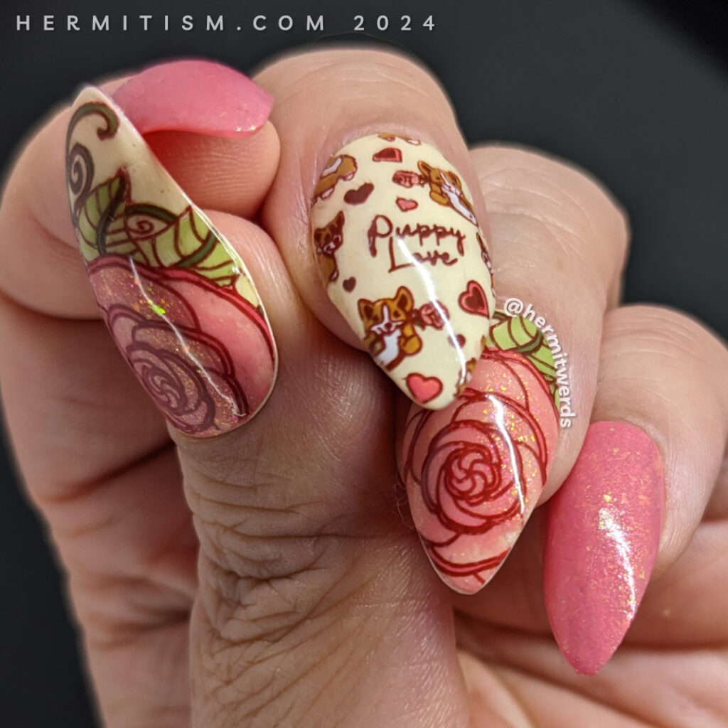 A pastel vintage dog and rose nail art with giant pink rose stamping images and cute corgis in puppy love (some holding roses).