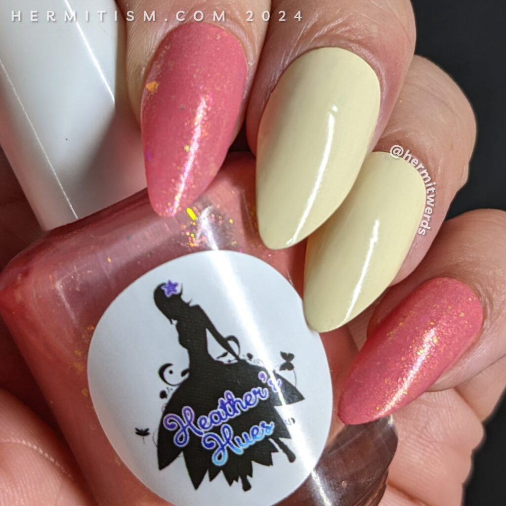 A swatch shot of a cream and pink nail base for my puppy love nail art with cute corgis and roses.