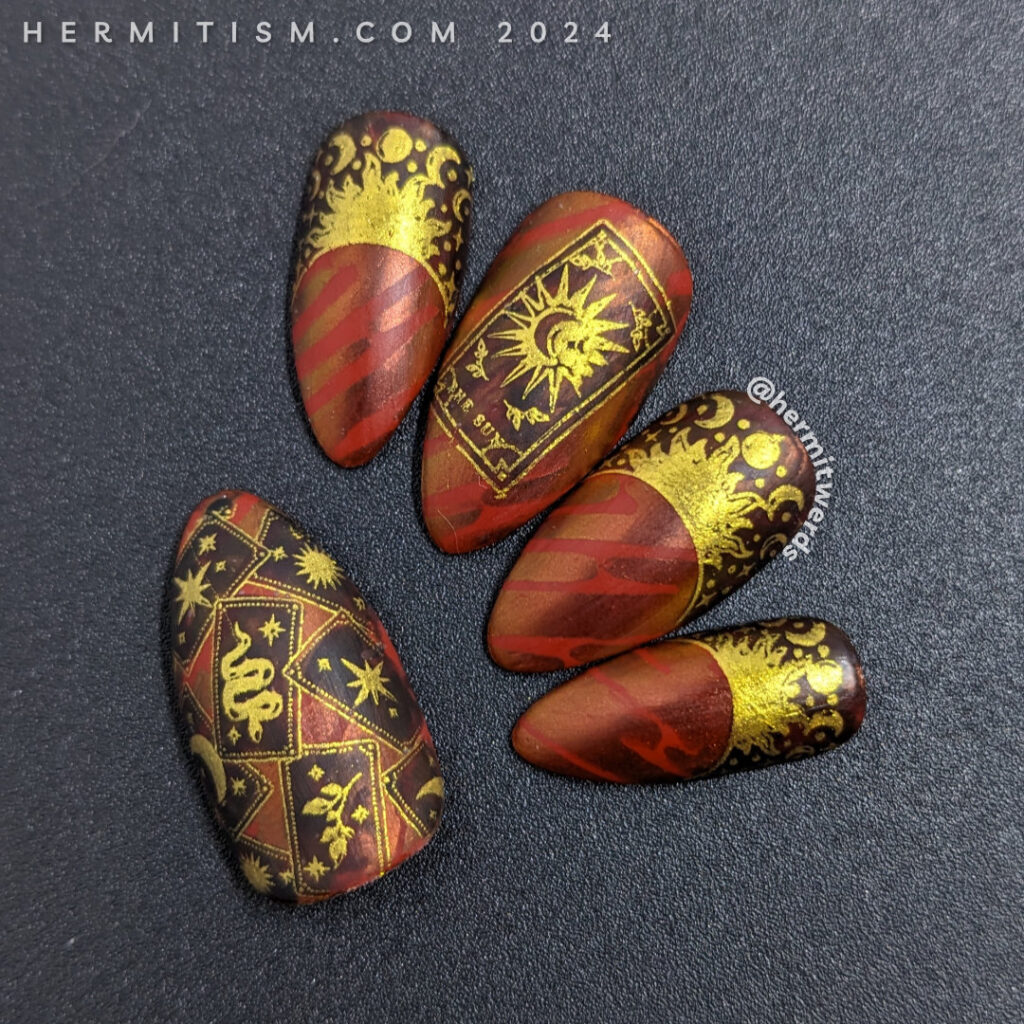 A tarot card mani featuring The Sun card using a space-esque stripped background, sun and moon cycle half moons and golden tarot cards.
