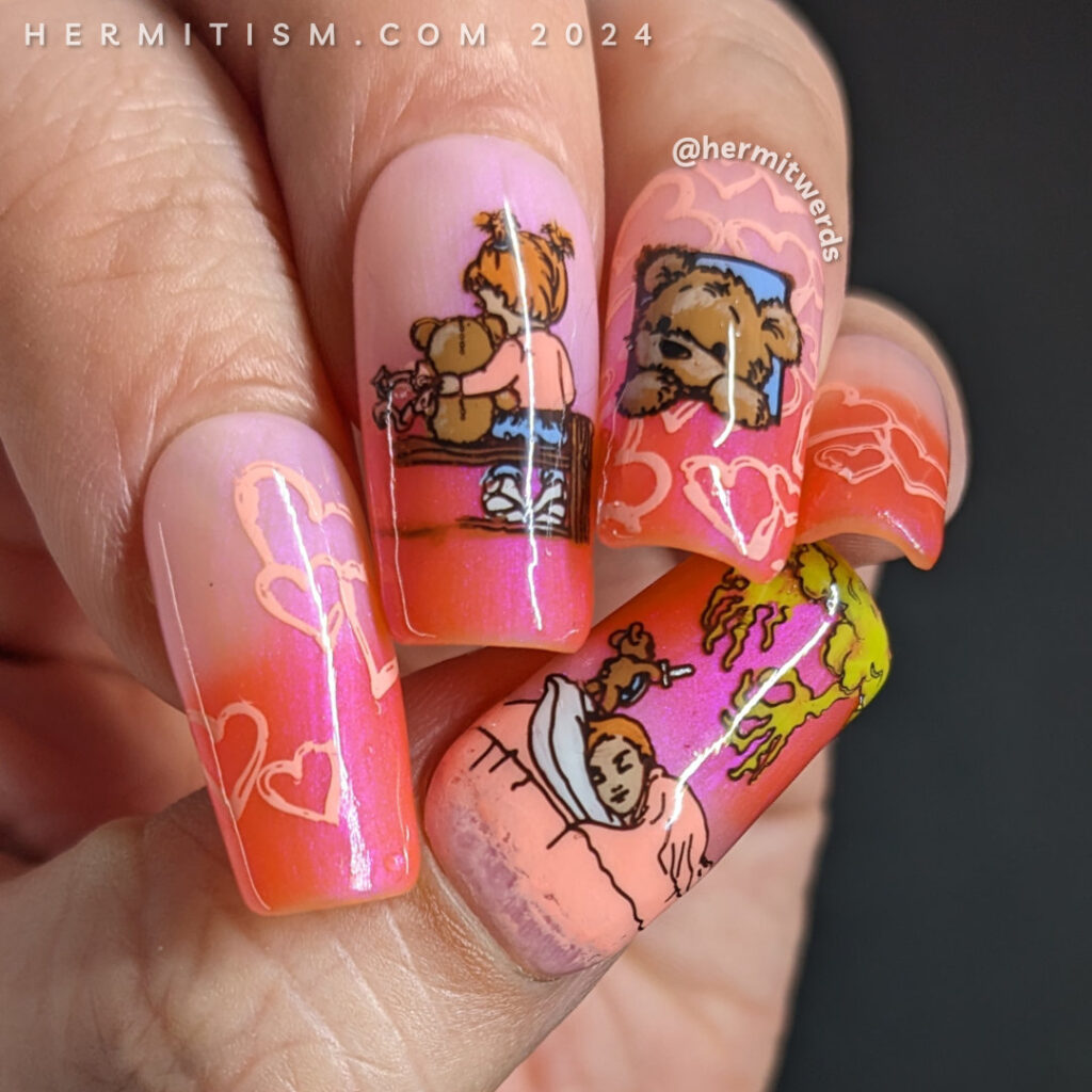 Teddy bear nail art on a coral to white thermal polish with cute images of a teddy bear befriending and protecting a child at night.