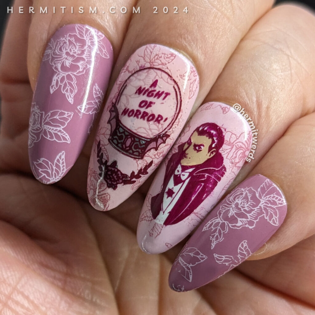 Vampire nail art with a crystal ball inviting you to "A night of horror!" with Dracula and a lady vampire on a floral rose background.