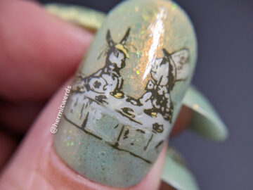 Mad Hatter nail art on a soft sage polish w/stamping images of the original Alice in Wonderland illustrations of the tea party from the books.