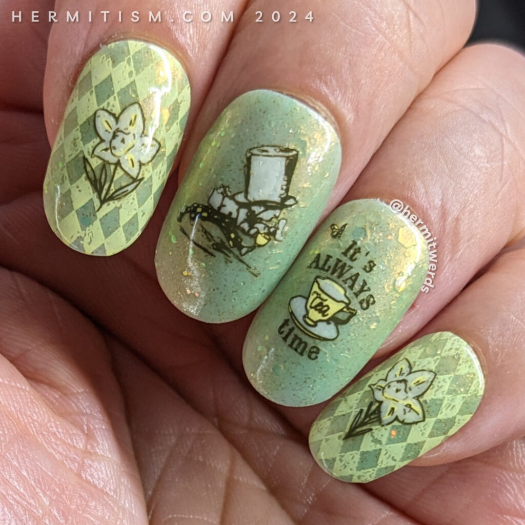 Mad Hatter nail art on a soft sage polish w/stamping images of the original Alice in Wonderland illustrations of the tea party from the books.
