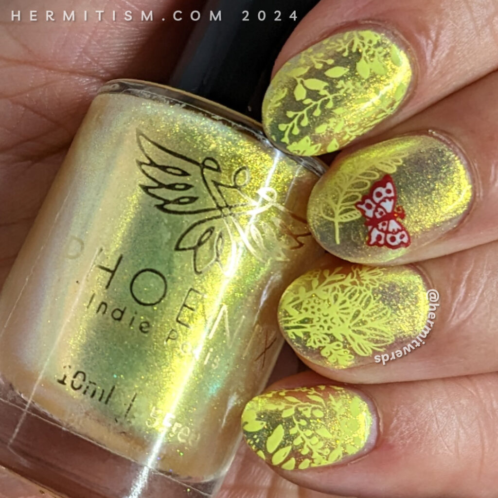 Pastel neon spring nail art with a yellow to green shimmer polish and stamped neon yellow spring flowers with a few colorful butterflies.