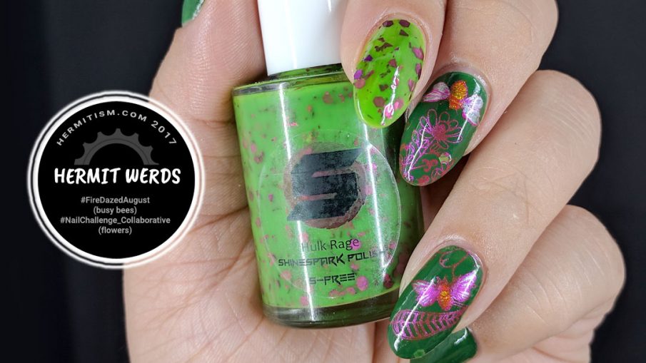 Busy Bees - Hermit Werds - metallic pink stamping of bees visiting flowers in the garden