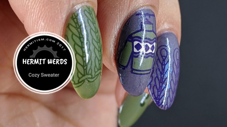 Cozy Sweater - Hermit Werds - a desaturated purple and green mani with sweater knit texture stamping