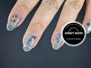 Forever Craned - Hermit Werds - oriental-themed nail art with a clear to blue-grey thermal polish and crane stamping