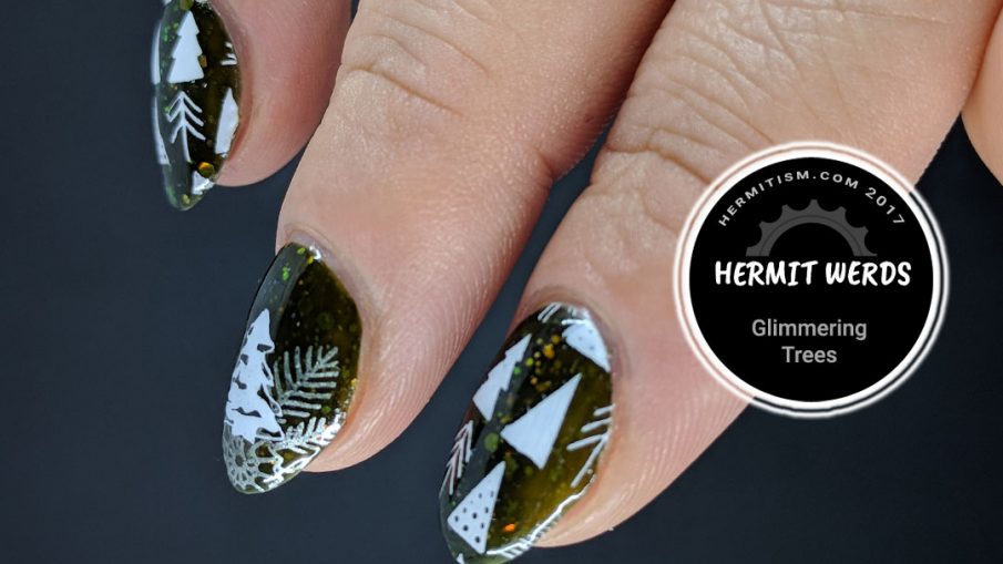 Glimmering Trees - Hermit Werds - beautiful Christmas trees stamped against a dark olive jelly background with opalescent glitter.