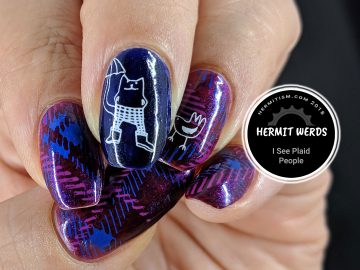 I See Plaid People - Hermit Werds - red jelly base with blue/violet/copper flakies with plaid stamping and a whimsical cat and bird on top
