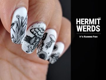 It's Raining Fish - Hermit Werds - outlines of a surreal underwater landscape complete with a green girl under an umbrella.