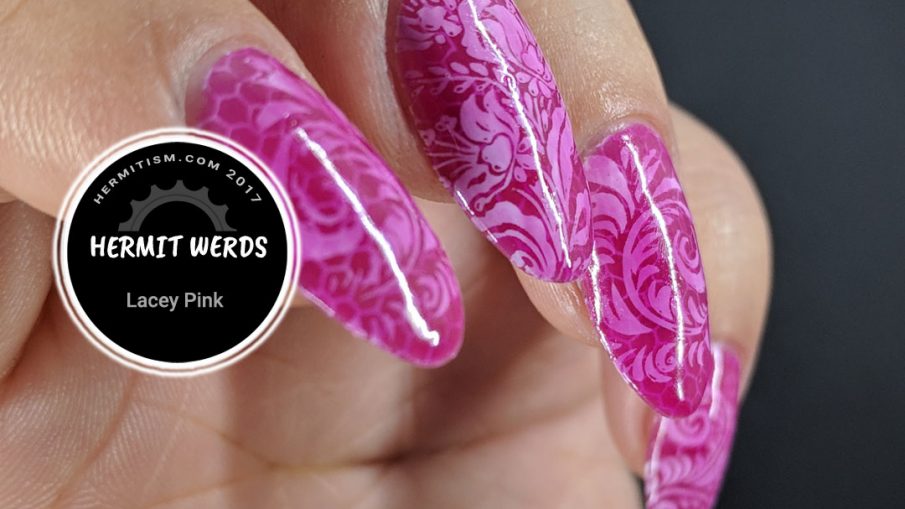 Lacey Pink - Hermit Werds - pond manicure with pink polish and lace stamping