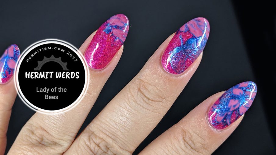 Lady of the Bees - Hermit Werds - pink holographic nails with a lady bee gathering nectar from flowers