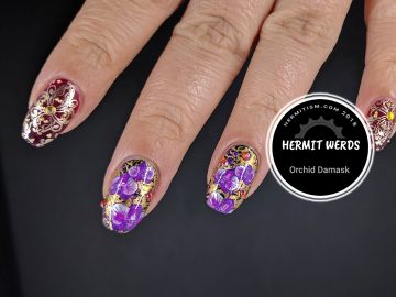 Orchid Damask - Hermit Werds - gold and purple damask pattern decorated with rhinestones and caviar beads and magenta orchids