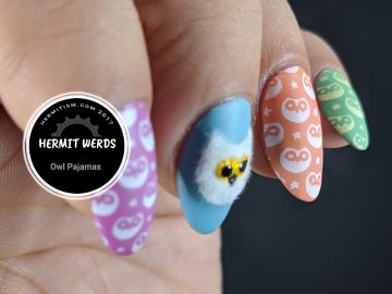 Owl Pajamas - Hermit Werds - cute owl print on colorful nails with one larger flocked owl