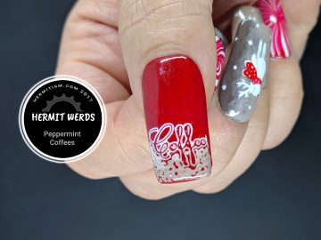 Peppermint Coffees - Hermit Werds - peppermint coffee theme with two freehand painted white reindeer wearing red scarves