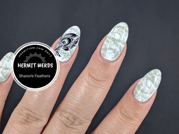 Sharon's Feathers - Hermit Werds - greyscale feather stamping, design by @sharnailstar
