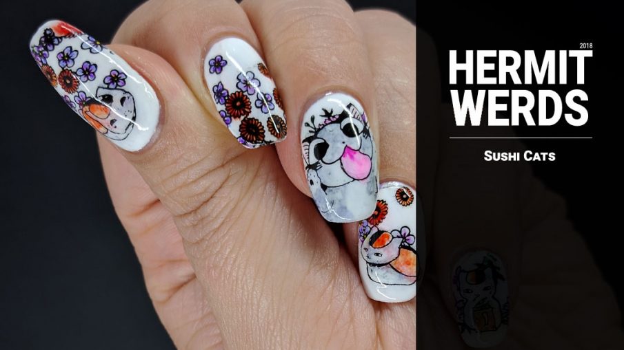 Sushi Cats - Hermit Werds - cute nail art of sushi cats colored in watercolor style