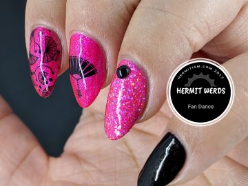 Fan Dance - Hermit Werds - pink and black mani with delicate fans and holographic glitter accent nail