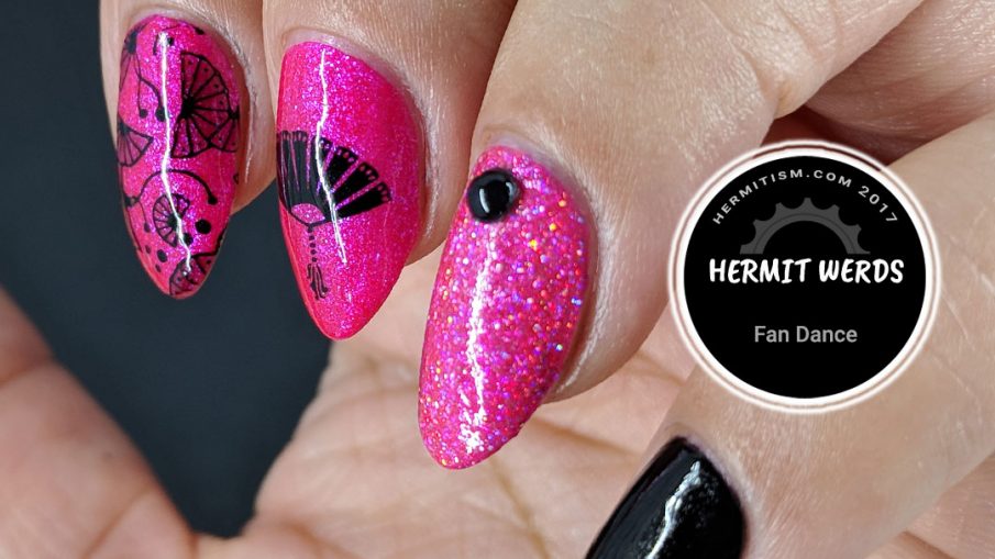 Fan Dance - Hermit Werds - pink and black mani with delicate fans and holographic glitter accent nail