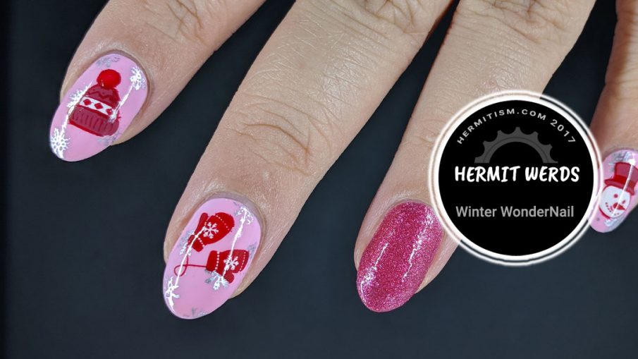 Winter WonderNail - Hermit Werds - pink and red winter fun nail art with hat, mittens, and snowman head