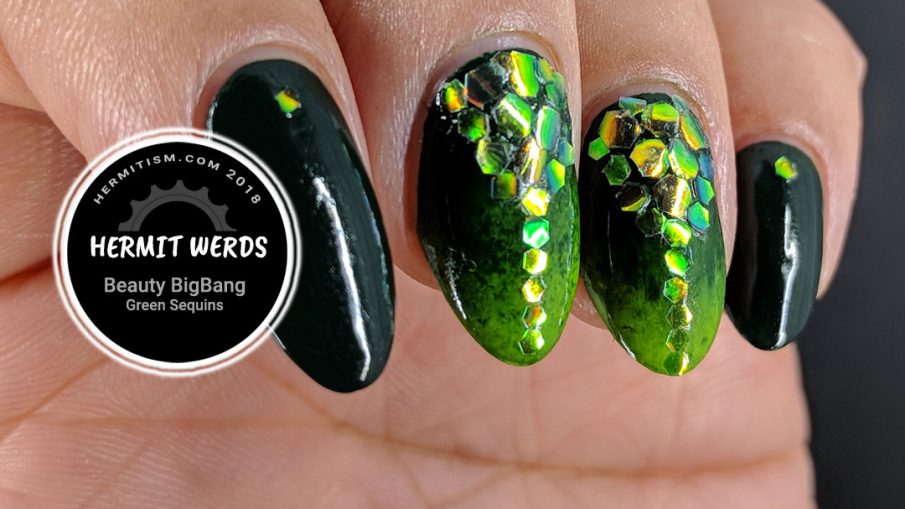 Green Sequins - Hermit Werds - green sequins in three sizes arranged in triangle on nails